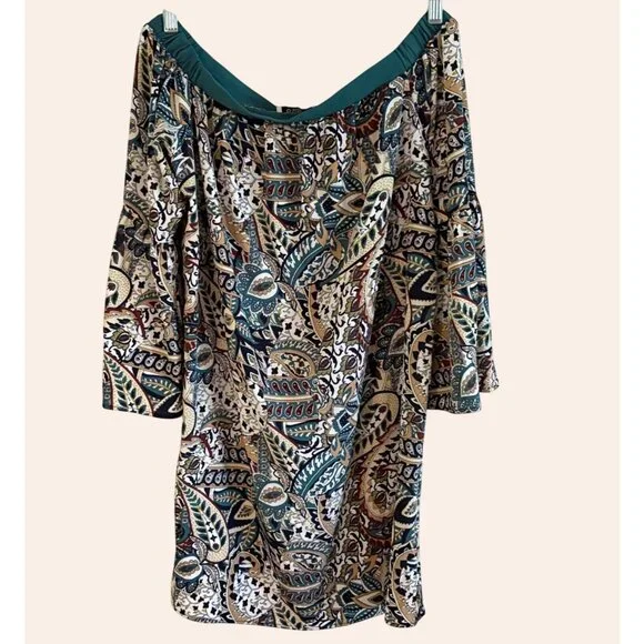 NWOT New Glam American Made Off-Shoulder Boho Print Dress Bell Sleeves Size S - Picture 7 of 9